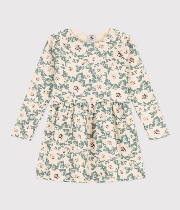 Girls' long-sleeved floral fleece dress Ecru/multicolor