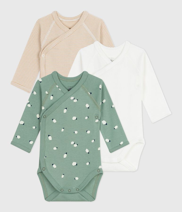 Pack of babies' long-sleeved printed cotton wrapover bodies multicolor