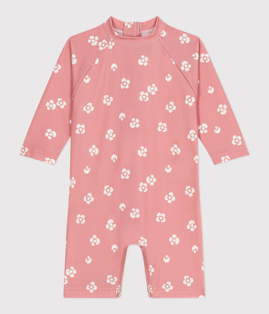 Babies' anti-UV floral print jumpsuit CHARME pink/MARSHMALLOW white