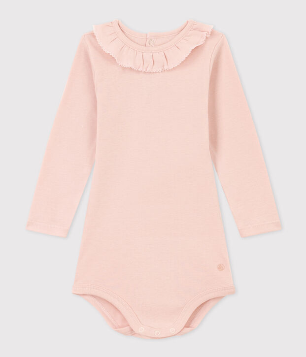 Babies' Long-Sleeved Cotton Bodysuit With Ruff Collar pink