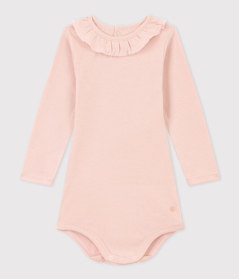 Babies' Long-Sleeved Cotton Bodysuit With Ruff Collar pink