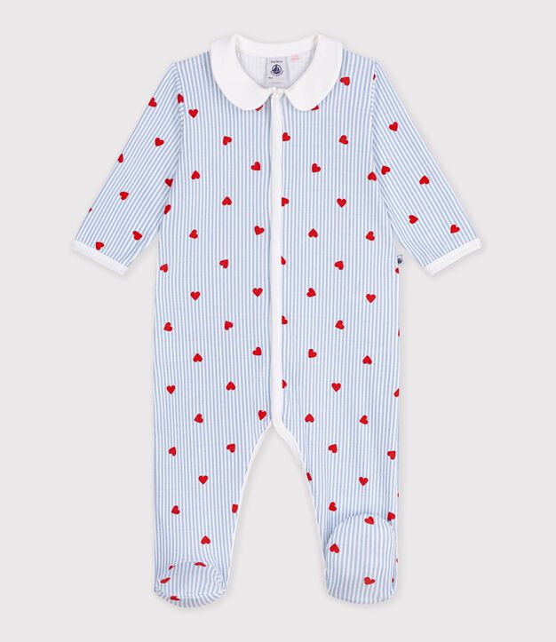 Babies' heart-print cotton pyjama suit with a collar white/multicolor