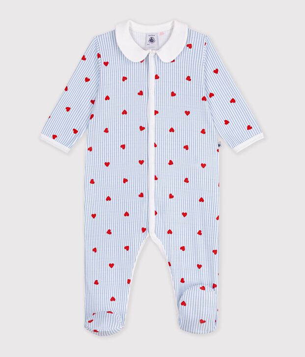 Babies' heart-print cotton pyjama suit with a collar white/multicolor