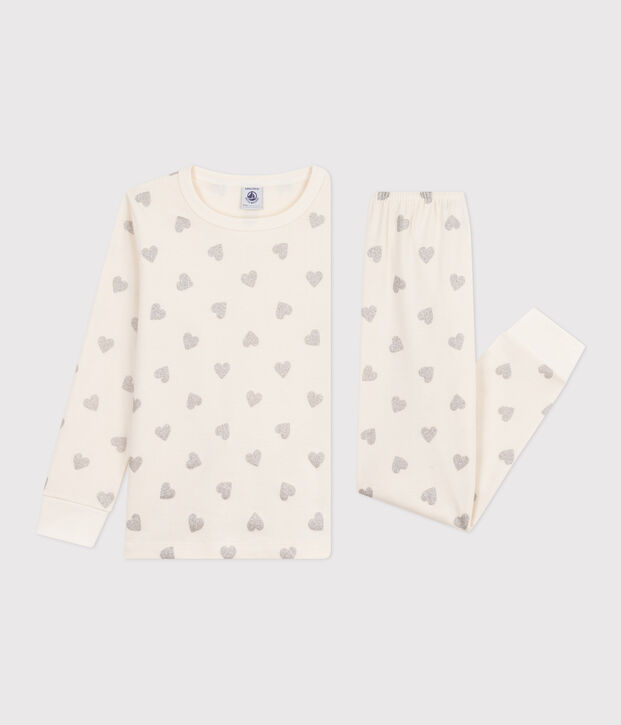 Children's silvery heart print cotton pyjamas Ecru/grey