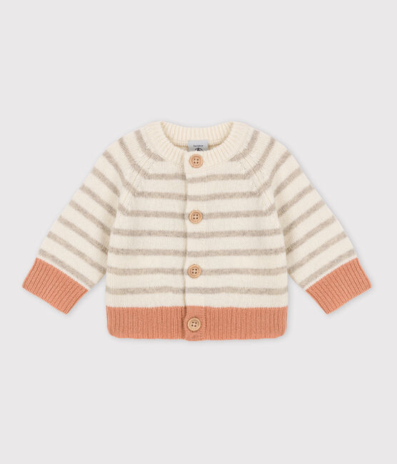 Babies' Wool Knit Stripy Cardigan MARSHMALLOW white/MULTICO white