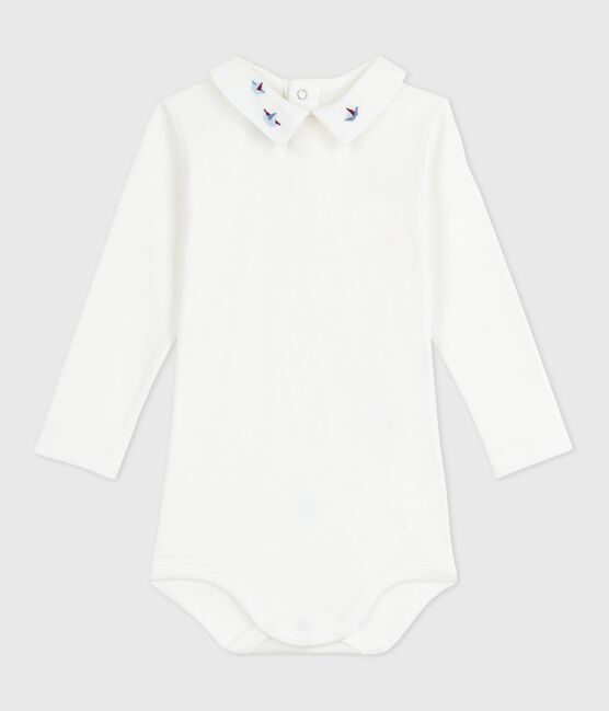 Babies' plain cotton body with an embroidered collar MARSHMALLOW white