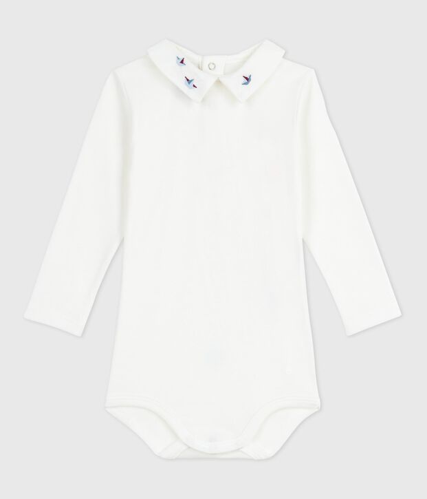 Babies' plain cotton body with an embroidered collar white