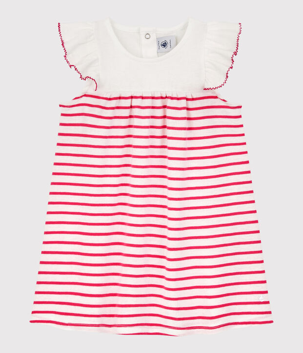 Baby Girls' Short-Sleeved Stripy Ribbed Dress white/pink