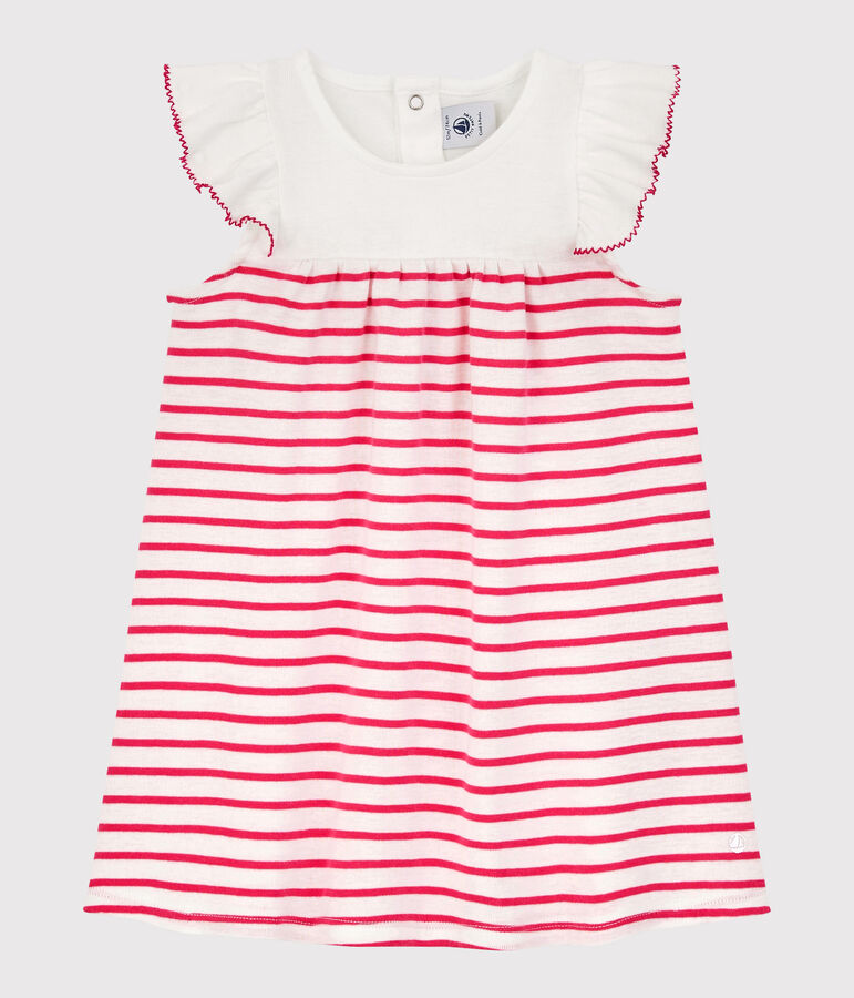 Baby Girls' Short-Sleeved Stripy Ribbed Dress white/pink