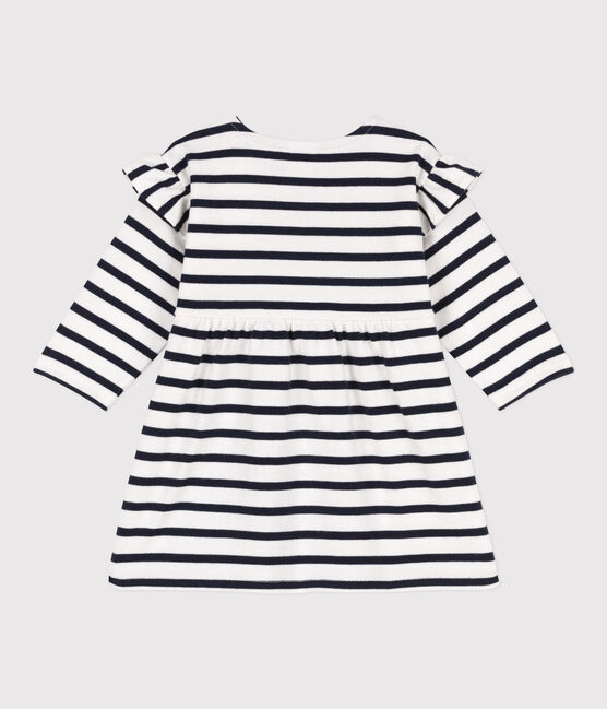 Babies' Long-Sleeved Thick Stripy Jersey Breton Dress MARSHMALLOW white/SMOKING blue