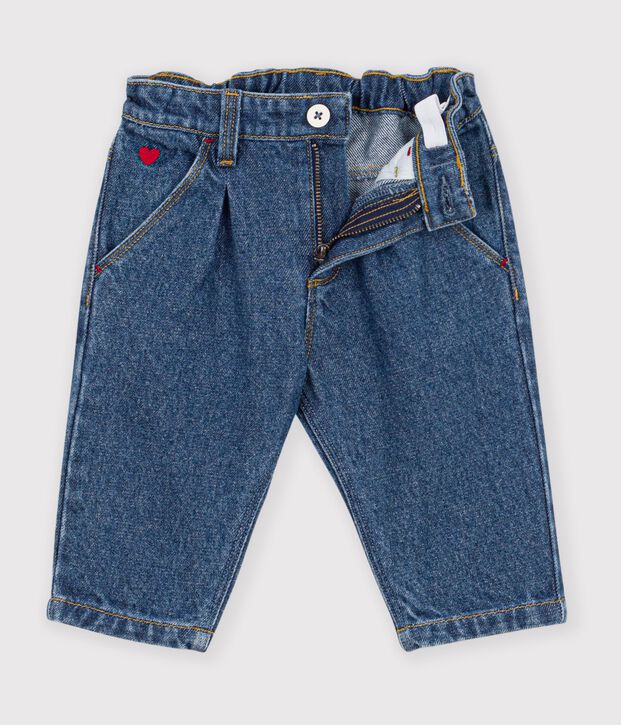 Babies' trousers in plain denim with heart embroidery blue