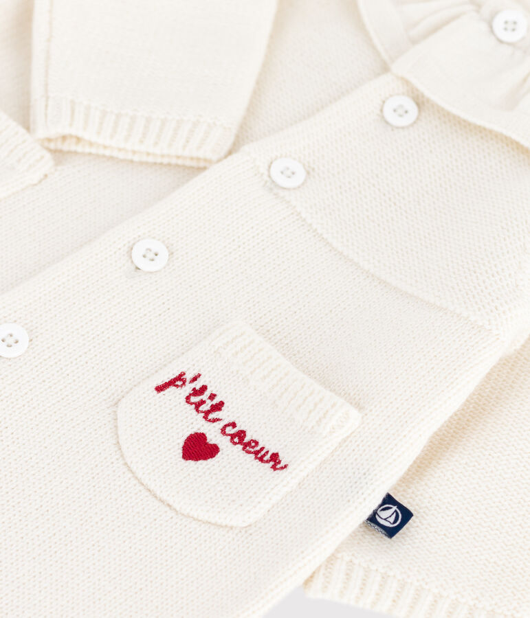 Babies' knitted playsuit with a collar and P'tit C&oelig;ur embroidery white