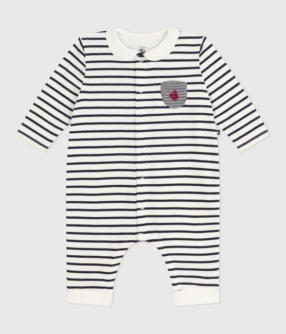Babies Breton stripe cotton playsuit with a collar MARSHMALLOW white/SMOKING blue