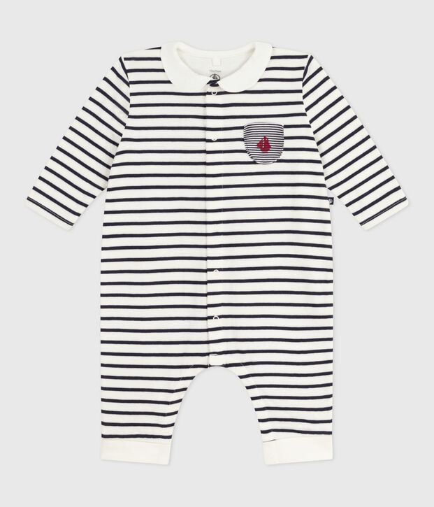 Babies Breton stripe cotton playsuit with a collar white/blue