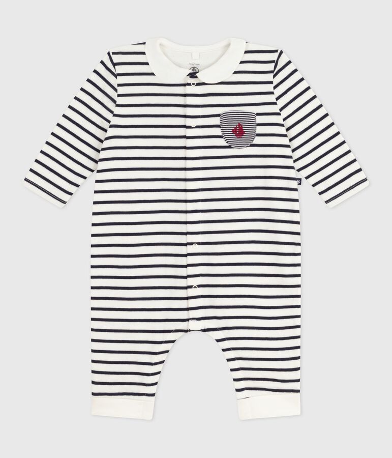 Babies Breton stripe cotton playsuit with a collar white/blue