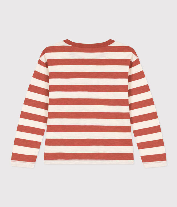 Boys' long-sleeved cotton T-shirt brown/ecru