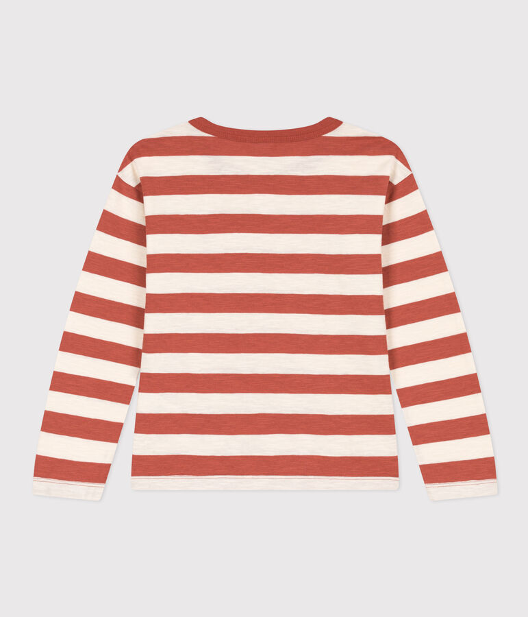 Boys' long-sleeved cotton T-shirt brown/ecru