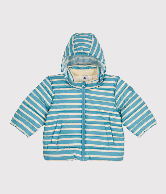Babies' Stripy Puffer Jacket with Retractable Hood AZUL blue/AVALANCHE white