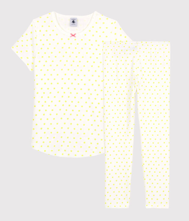 Girls' Yellow Spotted Fine Cotton Pyjamas white/yellow