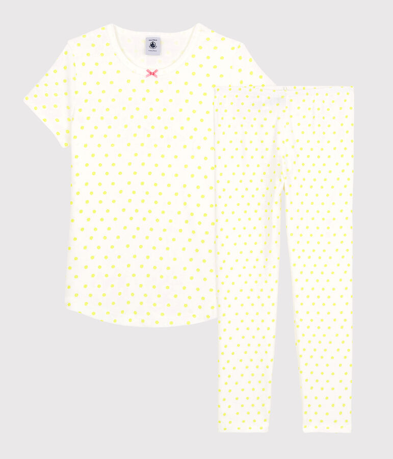Girls' Yellow Spotted Fine Cotton Pyjamas MARSHMALLOW white/SUNNY