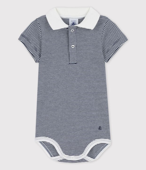 Babies' Organic Cotton Pinstriped Bodysuit With Polo Shirt Collar blue/white