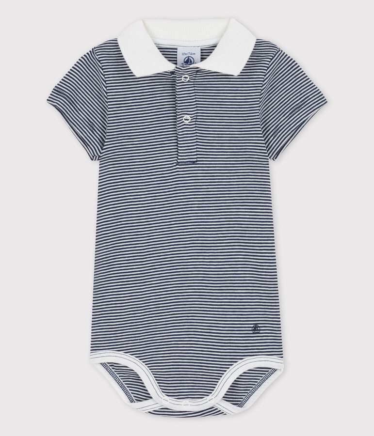 Babies' Organic Cotton Pinstriped Bodysuit With Polo Shirt Collar blue/white