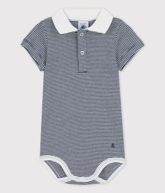 Babies' Organic Cotton Pinstriped Bodysuit With Polo Shirt Collar SMOKING blue/MARSHMALLOW white