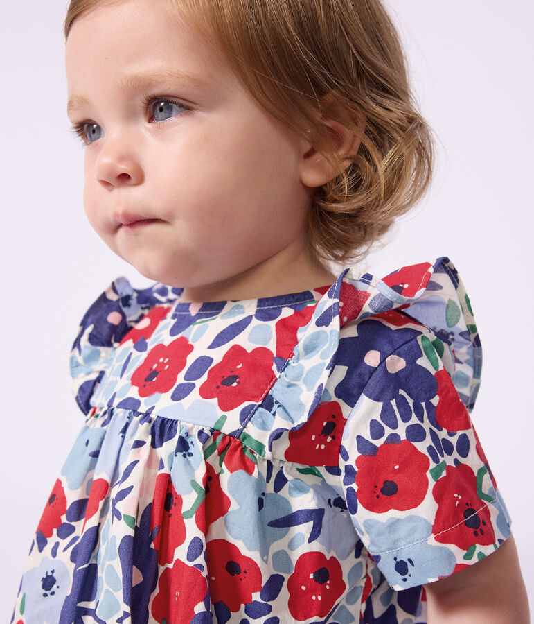 Babies' short-sleeved cotton dress and matching bloomers printed with hearts white/multicolor