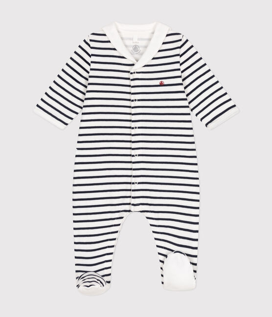 Babies' tube-knit pyjamas MARSHMALLOW white/SMOKING blue