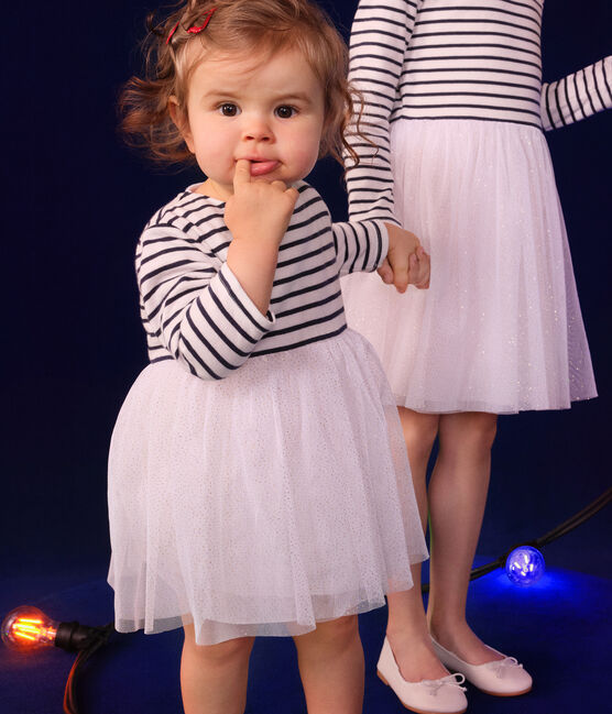 Babies' dress in stripy tube knit and tulle MARSHMALLOW white/MULTICO white