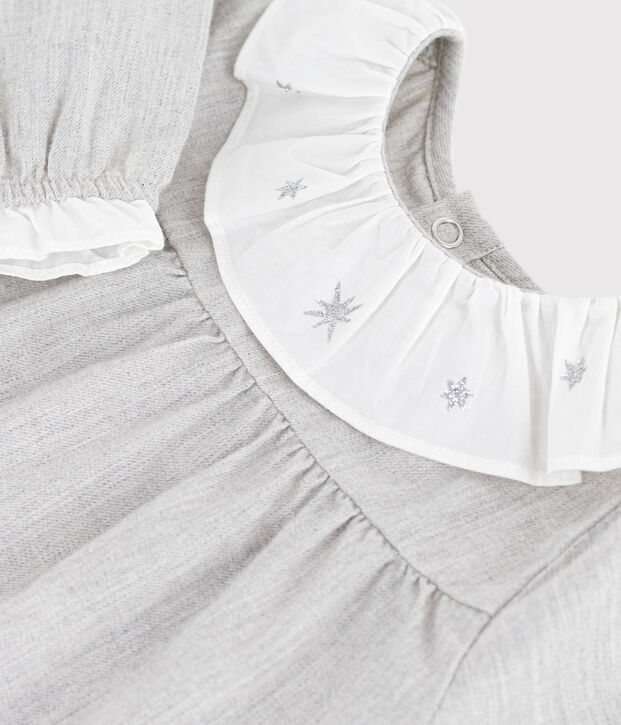 Babies' long-sleeved plain flannel dress with a collar grey
