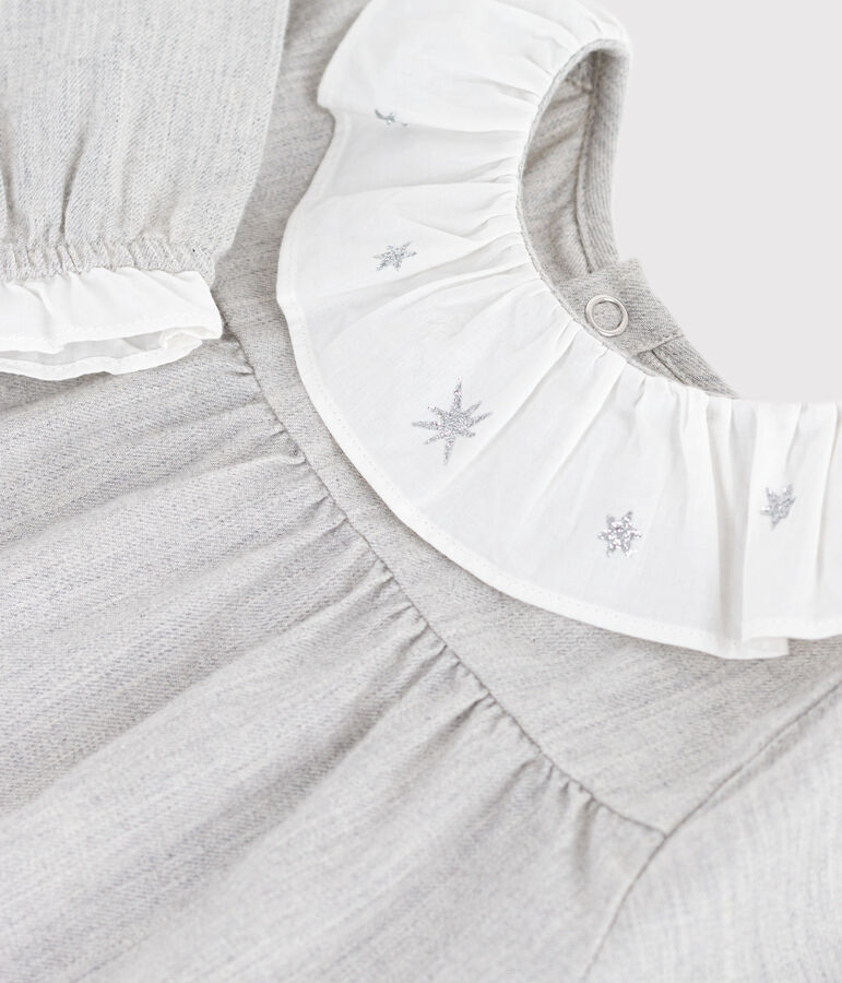 Babies' long-sleeved plain flannel dress with a collar grey