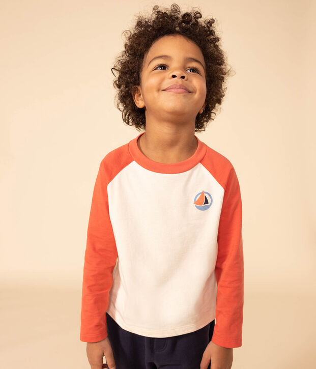 Boys' long-sleeved cotton T-shirt Ecru/orange