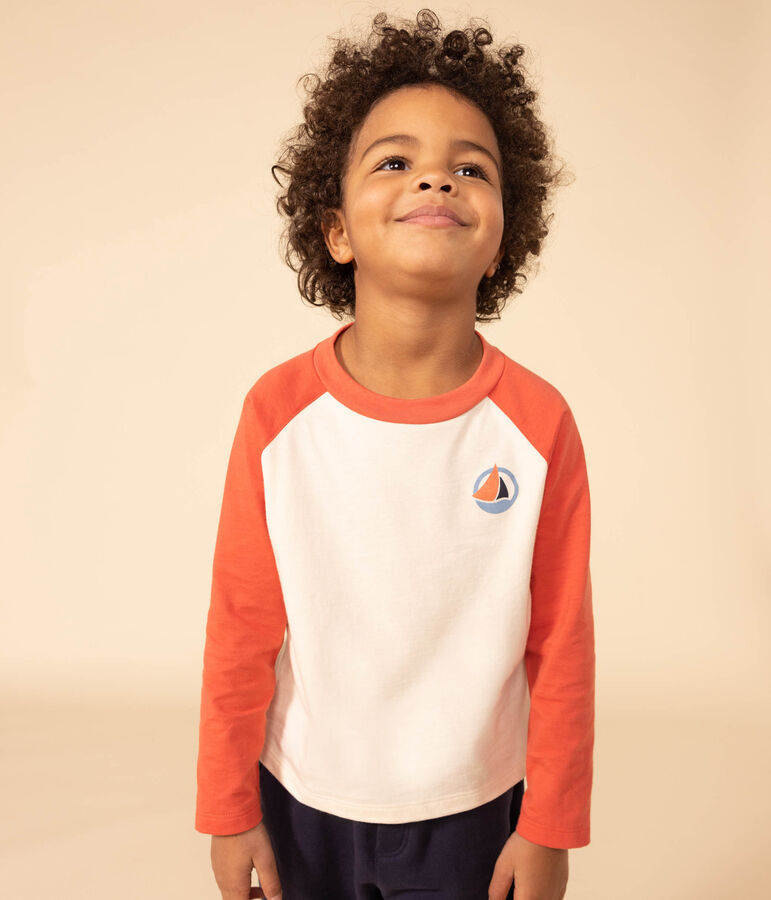 Boys' long-sleeved cotton T-shirt Ecru/orange