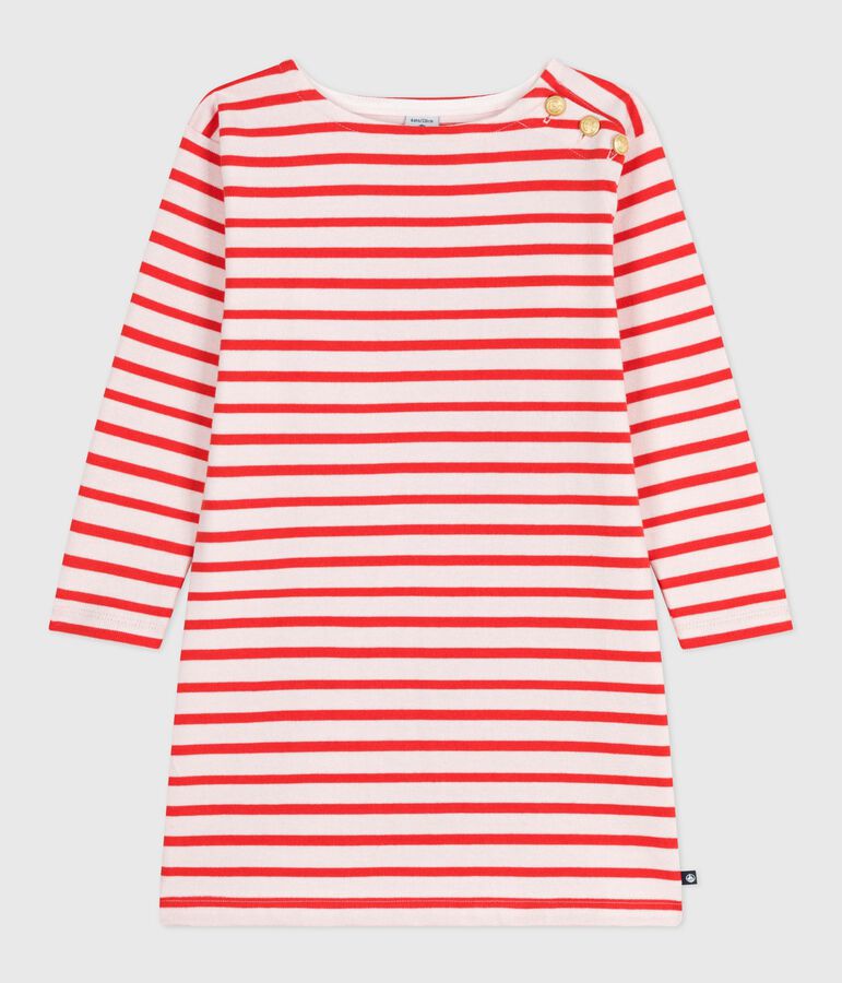 Children's long-sleeved stripy cotton dress FLEUR pink/SPICY