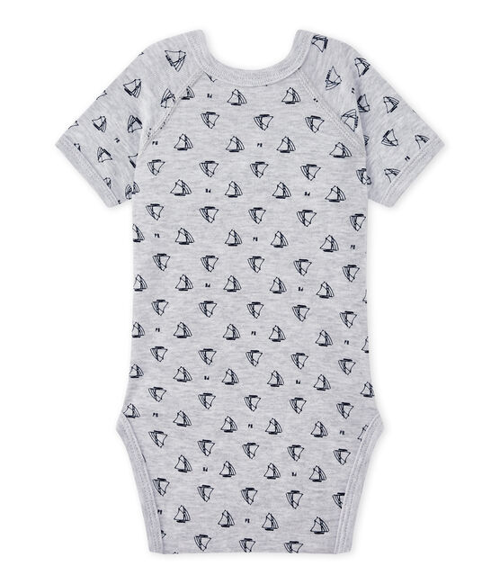Newborn baby boys' short-sleeved printed bodysuit POUSSIERE grey/MEDIEVAL blue