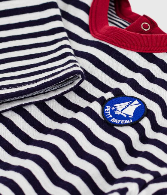 Babies' long-sleeved stripy cotton T-Shirt SOIR blue/MILK