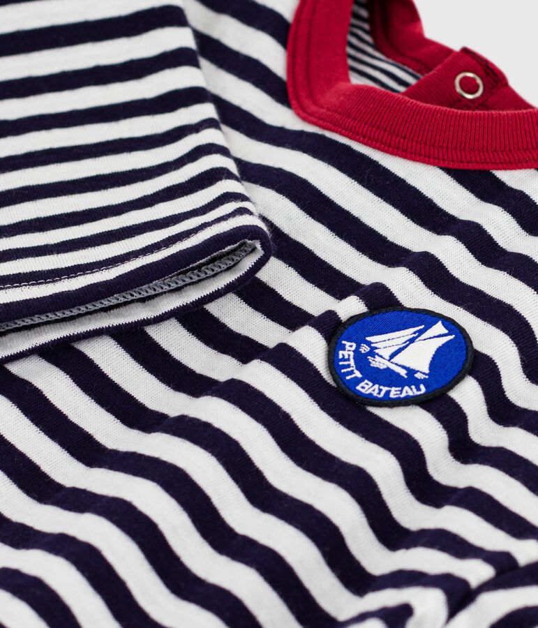 Babies' long-sleeved stripy cotton T-Shirt blue/ecru