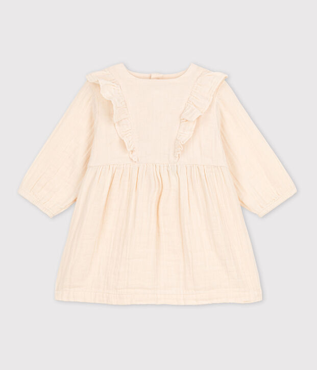Babies' Long-Sleeved Cotton Gauze Dress Ecru