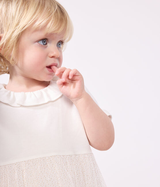 Babies' short-sleeved cotton and tulle dress with a ruff MARSHMALLOW white/COPPER pink