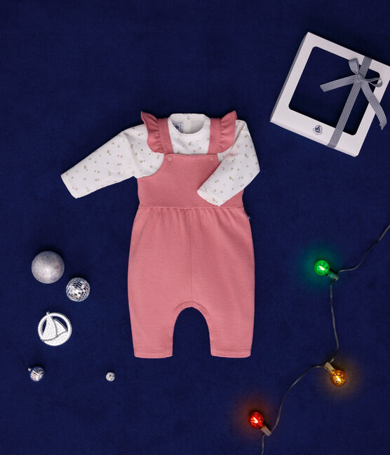 Babies' cotton T-shirt and fleece dungaree outfit ROSEWOOD pink/MULTICO