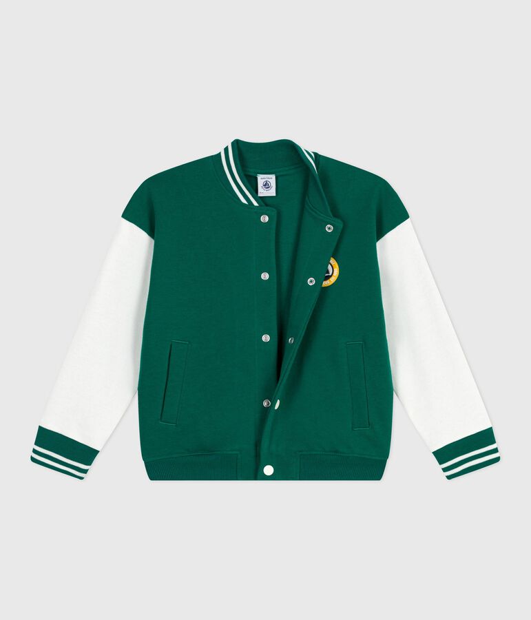 Children's varsity-style jacket in plain cotton green/ecru