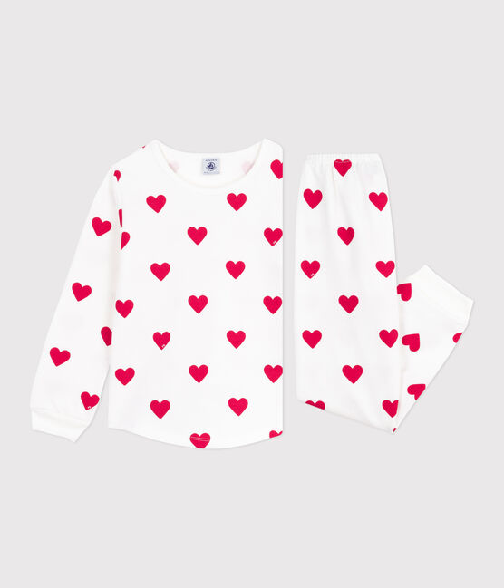 Children's pyjamas in heart-printed fleece MARSHMALLOW white/TERKUIT red