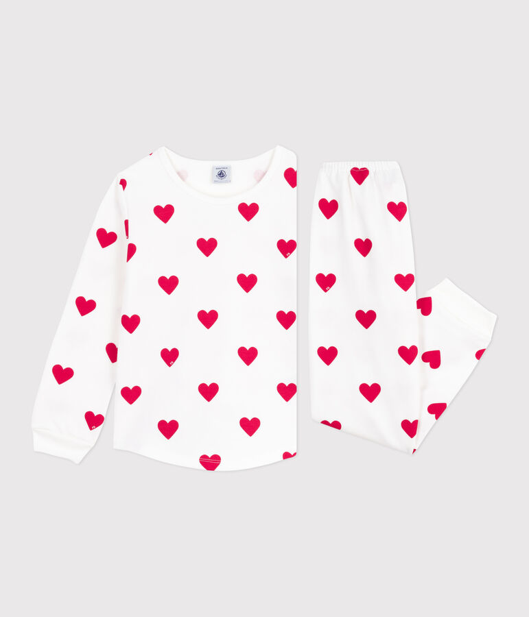 Children's pyjamas in heart-printed fleece white/red
