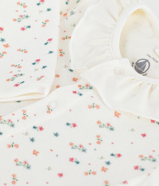 Babies' floral velour pyjama suit with a collar MARSHMALLOW white/MULTICO white