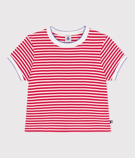 Children's short-sleeved stripy cotton T-shirt POMPIER red/MARSHMALLOW