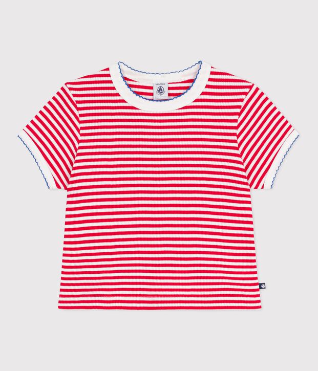 Children's short-sleeved stripy cotton T-shirt red/white