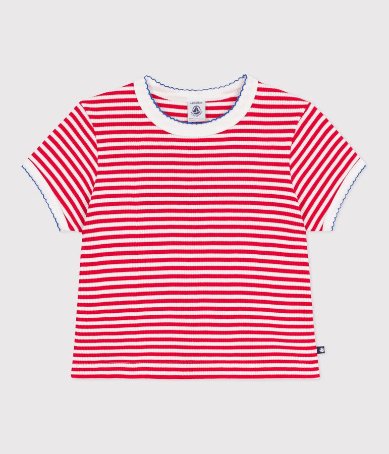 Children's short-sleeved stripy cotton T-shirt red/white
