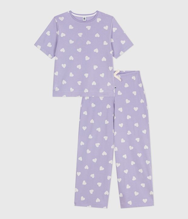 Women's cotton pyjamas with a heart print, short sleeves and wide legs purple/white
