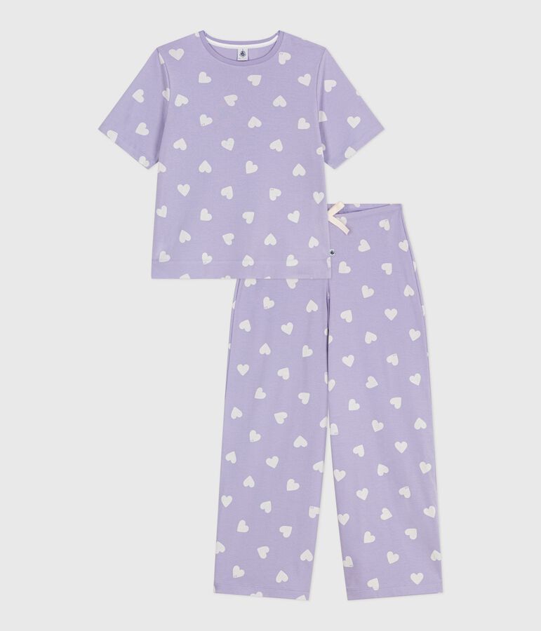 Women's cotton pyjamas with a heart print, short sleeves and wide legs purple/white